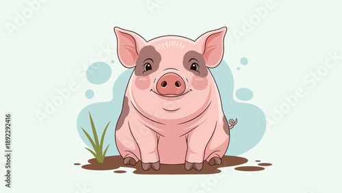 Adorable pink pig with dark spots sitting on a small patch of grass and smiling cheerfully in a friendly cartoon illustration style.