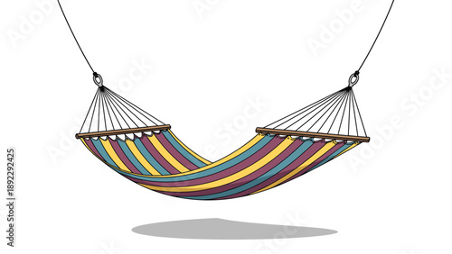 Comfortable striped fabric hammock in shades of purple, yellow, and blue hanging suspended against a clean white background with a soft shadow.