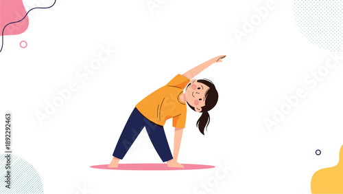 Young girl in athletic wear performing a triangle yoga pose on a pink mat to promote physical health, flexibility, and daily exercise.