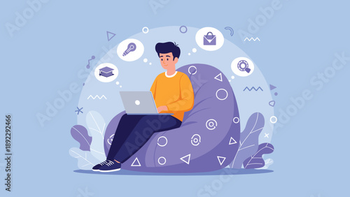 Young man sitting on a comfortable beanbag chair and using a laptop with floating icons representing education, career, and research goals.