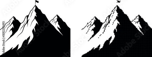 Minimalist mountain range illustration with a flag on transparent background