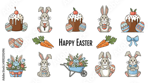 Extensive collection of Easter themed elements including bunnies, decorated eggs, traditional cakes, carrots, and spring flower arrangements.