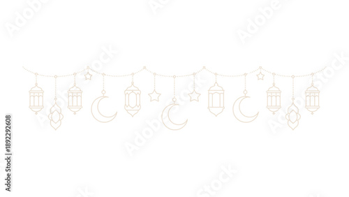 Ramadan Lanterns Ornament: delicate Ramadan lanterns, moon, and star-shaped ornaments hang delicately in this illustration. a symbol of peace, blessings, and spiritual reflection