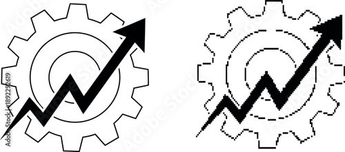 Black gear with rising arrow graphic symbolizing progress on transparent background