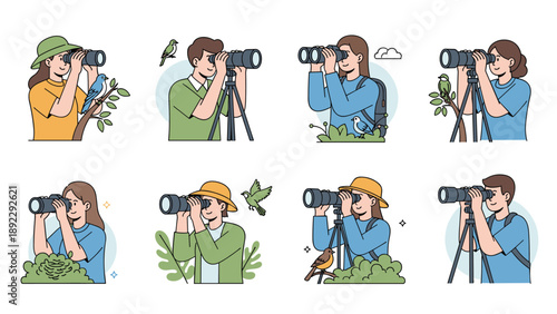 Eight scenes of men and women birdwatching in nature using binoculars and professional telescopes on tripods to observe various bird species.