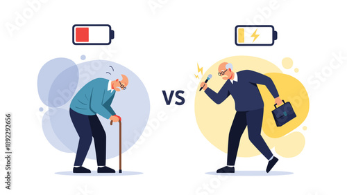 Comparison between a tired elderly man with low battery and a highly energetic senior man with high battery holding a microphone and briefcase.