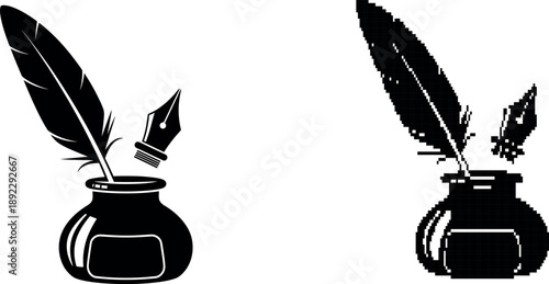 Elegant black quill and inkwell illustration perfect for design on transparent background