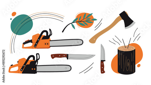 Collection of forestry and woodcutting equipment featuring chainsaws, axes, sharp knives, and a split wooden log on an orange abstract background.