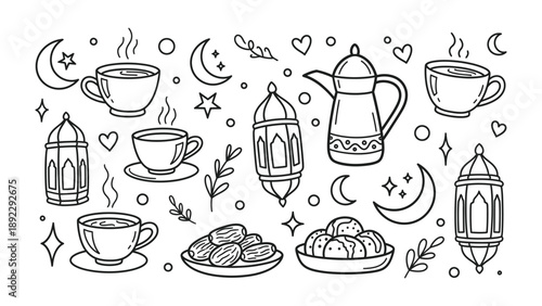 Eid Collection of Coffee and Delicacies: An inviting illustration of cups of coffee, dates, and traditional lanterns, symbolizing the joy and festivity of Eid. Evoking warmth, togetherness.