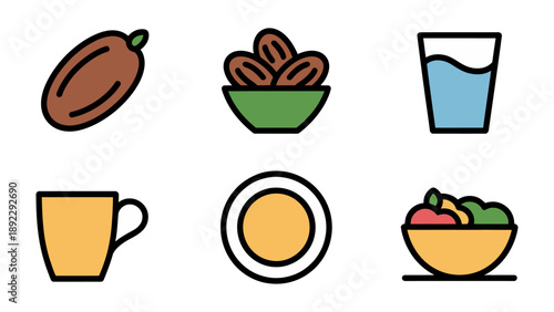 A Variety of Food and Drinks: Colorful collection of food and drinks icons, suggesting a diverse spread suitable for various occasions, healthy food.