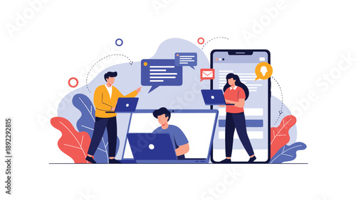 Contemporary digital communication scene with diverse professionals connecting via laptops and a large mobile phone screen amidst colorful shapes.