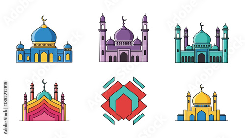 Geometric Mosque Collection: A captivating set of six stylized mosque illustrations, showcasing a vibrant array of colors, architectural diversity, and spiritual significance. 