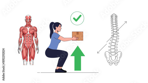 Ergonomic health guide showing a woman practicing correct lifting techniques to move a box while maintaining proper spine alignment and muscle use.