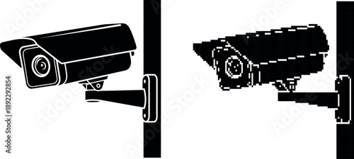 Black security camera mounted on a pole side view on transparent background