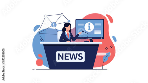 Professional female news anchor presenting information at a studio desk with digital screens and network graphics in the background.