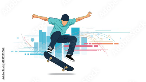 Skateboarder performs a high jump trick over a stylized urban backdrop featuring city buildings, colorful lines, and geometric shapes.