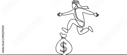 Single continuous line drawing Arab businessman jump over money bag. Wealth and successful business person. Business loan or funding to start company. one line Icon drawing