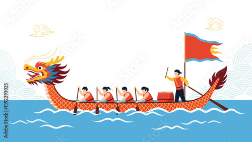 Traditional dragon boat racing team synchronizing their rowing efforts during a festival competition on the water with waves and clouds.