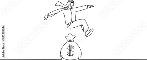 Single continuous line drawing Arab businessman jump over money bag. Wealth and successful business person. Business loan or funding to start company. one line Icon drawing
