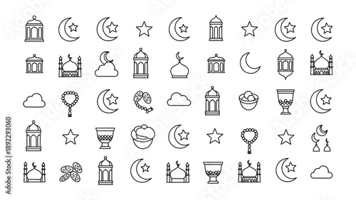 Ramadan Icons: A collection of Ramadan icons, each symbolizing the spirit of the holy month. the icons includes Crescent moon, star, Lantern, Mosque, praying beads, Dates, glass cup, Cloud.