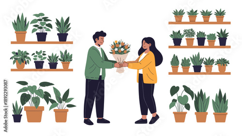 Couple exchanging a beautiful bouquet of flowers in a lush plant shop surrounded by various potted indoor plants on tiered wooden shelves.