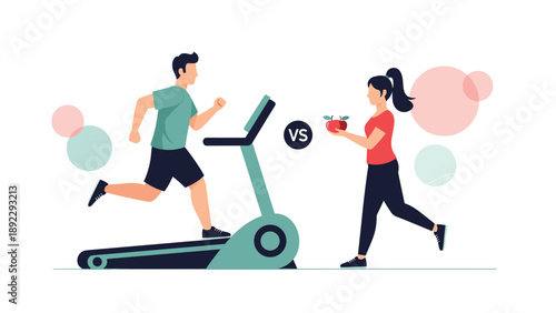 Comparison of healthy lifestyles showing a man running on a treadmill versus a woman running outdoors while holding a fresh apple.