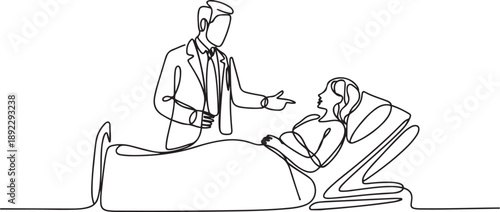 One continuous line drawing of male doctor talking about medical report to the laying female patient in the bed. Trendy hospital health care service concept. one line Icon drawing