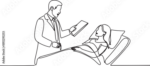One continuous line drawing of male doctor talking about medical report to the laying female patient in the bed. Trendy hospital health care service concept. one line Icon drawing