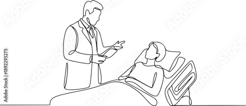 One continuous line drawing of male doctor talking about medical report to the laying female patient in the bed. Trendy hospital health care service concept. one line Icon drawing