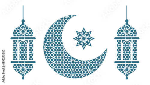 Lunar Lanterns: Delicate lanterns frame a crescent moon and star, symbolizing the spirituality. A celebration of tradition and faith, capturing a sense of peace and reverence.