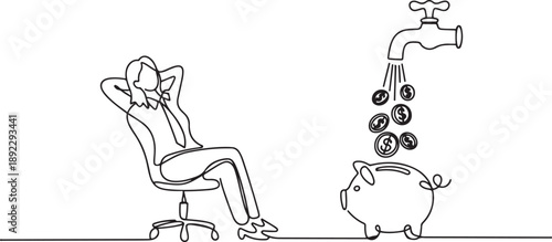 Single one line drawing businesswoman sit relax on chair to see money faucet flow into savings piggy bank. Huge financial benefits. Free from debt. Success. one line Icon drawing