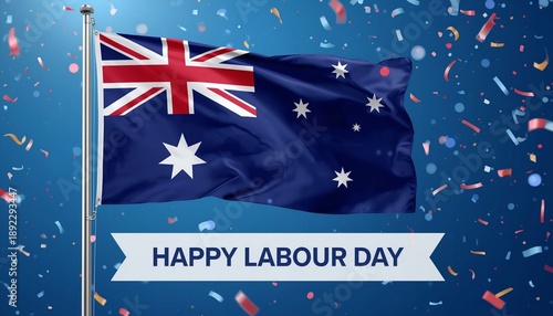 The Australian flag waving with confetti and a Happy Labour Day banner on a blue background