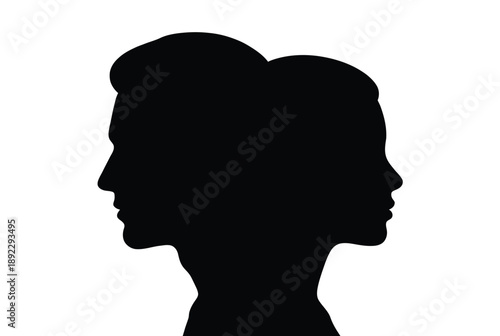A black silhouette of two people facing opposite directions on a white background