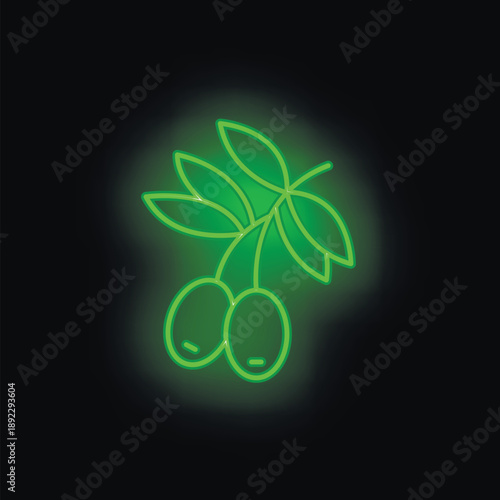 Green neon sign representing two olives on a branch, perfect for advertising mediterranean food and drinks
