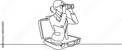 Single one line drawing businesswoman comes out of briefcase looks for something through binoculars. Prepare for business expansion by doing business trips. one line Icon drawing