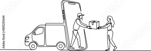 Continuous one line drawing delivery box car comes out partly from giant smartphone screen and male courier gives package box to female customer. one line Icon drawing