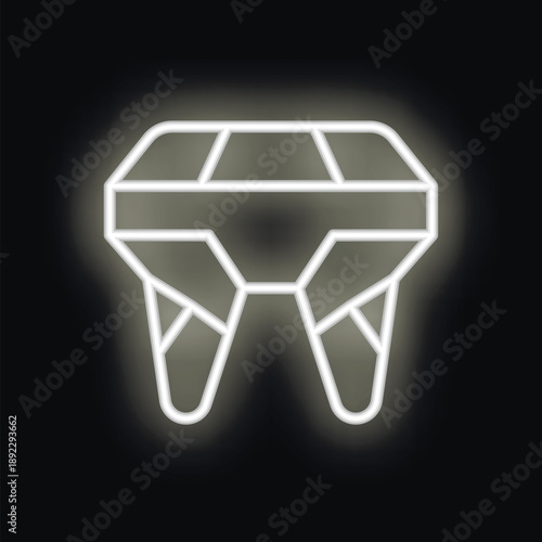 White neon icon of a tooth glowing on a black background