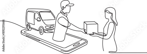 Continuous one line drawing delivery box car comes out partly from giant smartphone screen and male courier gives package box to female customer. one line Icon drawing