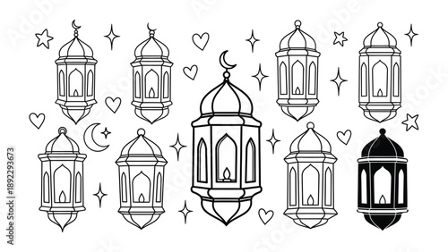 Enchanting Lanterns: A collection of meticulously drawn lanterns, adorned with celestial elements such as moons and stars, evoking a sense of serenity and celebration. 