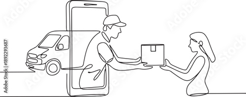 Continuous one line drawing delivery box car comes out partly from giant smartphone screen and male courier gives package box to female customer. one line Icon drawing