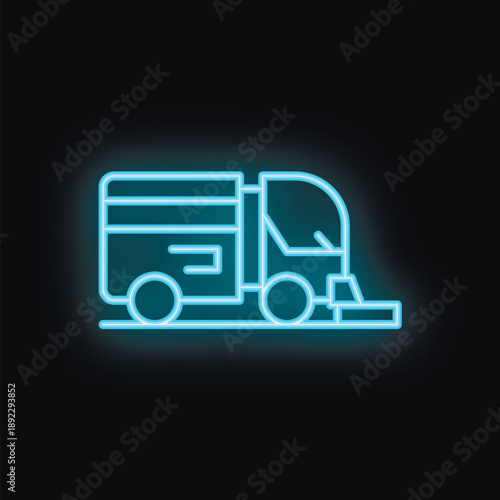 Blue neon icon of a garbage truck collecting waste on black background