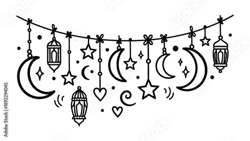 Celestial Garland: A charming monochrome illustration of a celestial garland adorned with crescent moons, stars, and lanterns, creating a festive and decorative design.