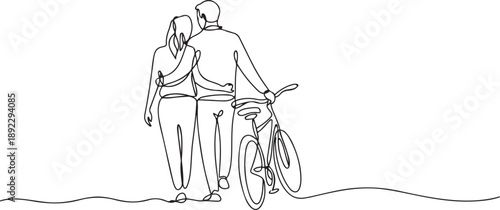 Single continuous line drawing rear view couple man and woman walking together with bicycle. Young boy and girl in love. Happy romantic married couple. one line Icon drawing