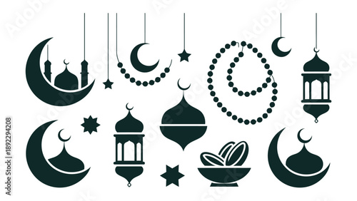 Festive Ramadan Collection: A collection of traditional Ramadan symbols in a monochromatic silhouette. Includes crescent moons, mosques, lanterns, prayer beads, and dates. Perfect for design projects.
