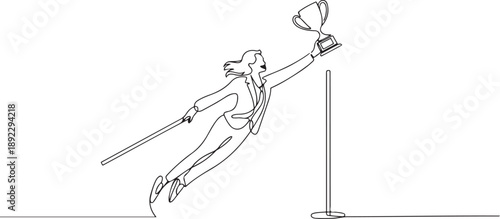 Single one line drawing of young smart business woman jumping pole vault to reach winning trophy. Business goal growth minimal concept. one line Icon drawing