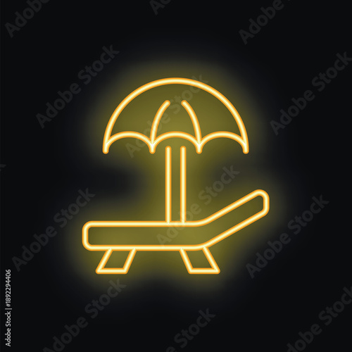 Yellow neon sign representing the concept of vacation with a beach chair under a sunshade