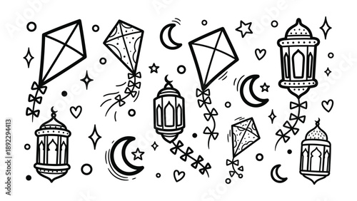 Kites and Lanterns: A joyful sketch of kites, lanterns, moons, and stars, perfect for illustrating the spirit of celebration and cultural festivities.