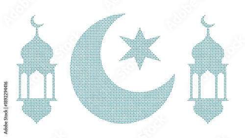 Celestial Lanterns of Faith: Delicate Islamic lanterns flank a crescent moon and star, symbolizing the serene beauty and spiritual depth of the holy month of Ramadan.