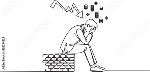 Continuous one line drawing businessman sad sitting on wall thinking of profit loss, crisis and financial losses in the trading market. Evaluation business concept. one line Icon drawing
