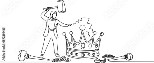 Single one line drawing Arabian businesswoman preparing to hit big crown. Destroying symbols of authoritarian kingdom. Expect justice for business people. one line Icon drawing